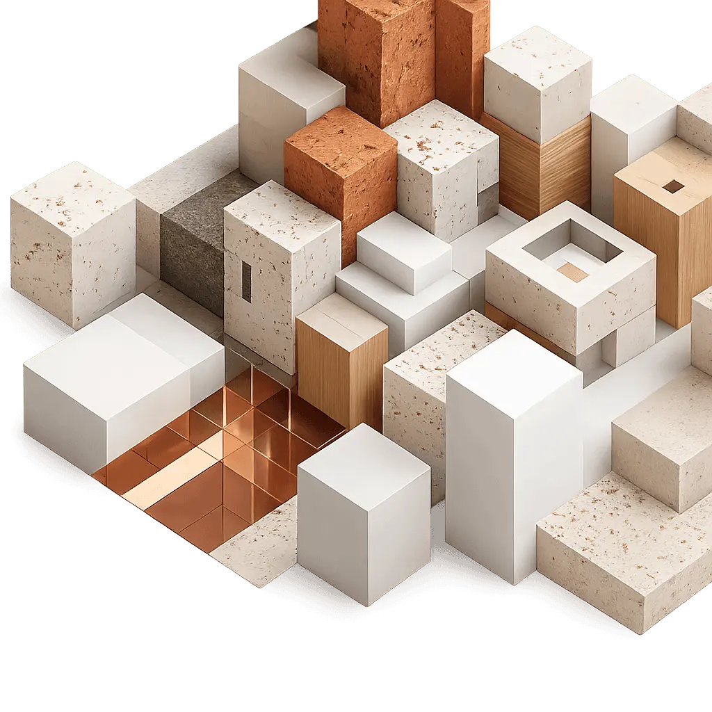 Composición isométrica de bloques de materiales sustentables: madera, piedra, terracota y compuestos reciclados